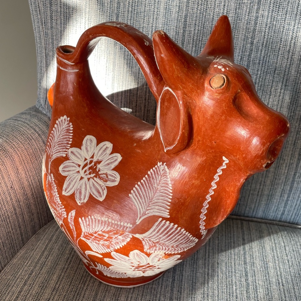 Vintage 1980s Terra Cotta Clay Bull Pitcher From Brazil